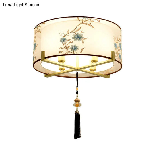 Traditional Style White Fabric Flush Mount Lamp With 4 Lights