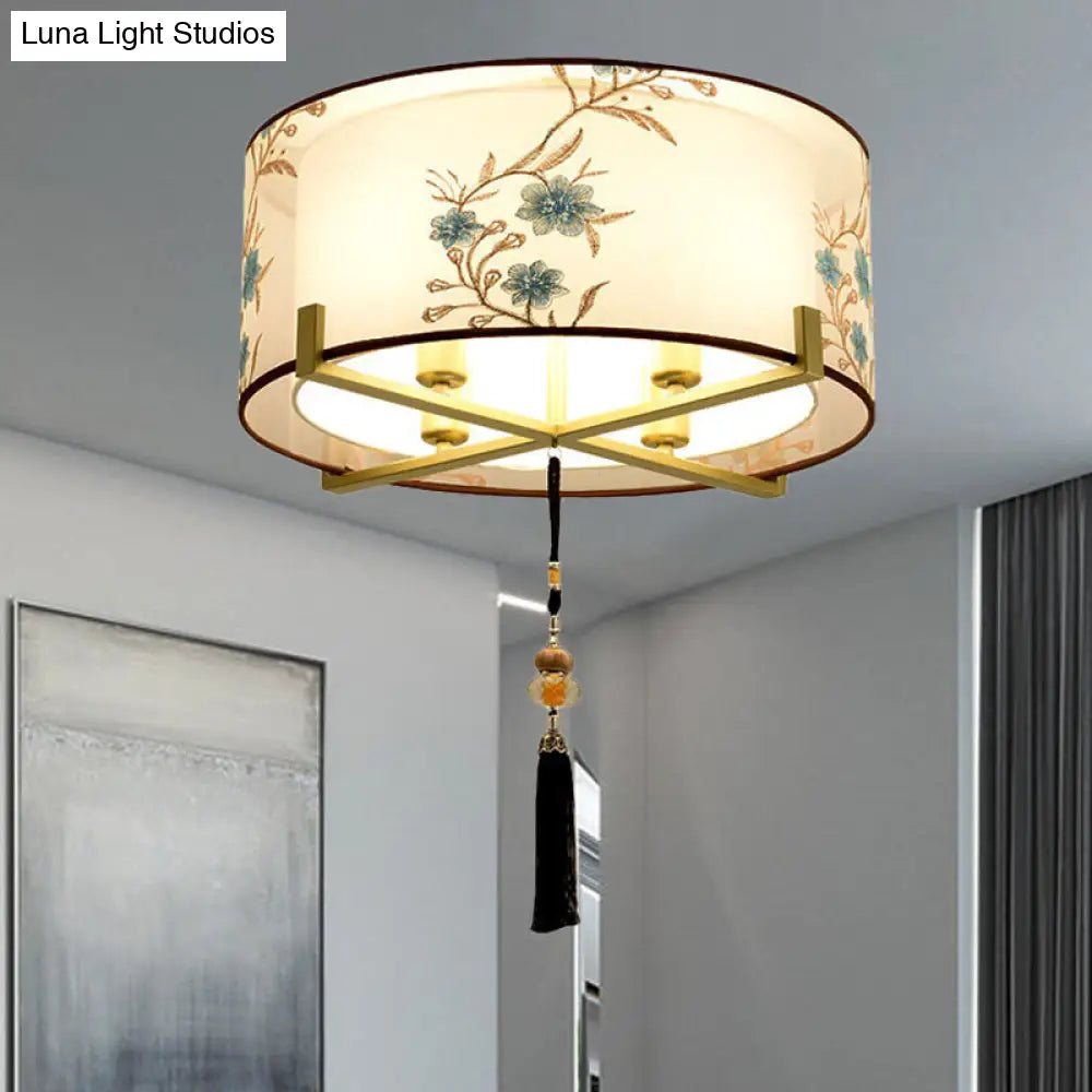 Traditional Style White Fabric Flush Mount Lamp With 4 Lights