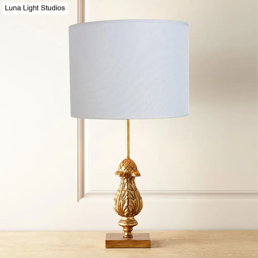 Traditional Style Wooden Desk Lamp With Gold Carvings Fabric Shade - Guest Room Nightstand Light