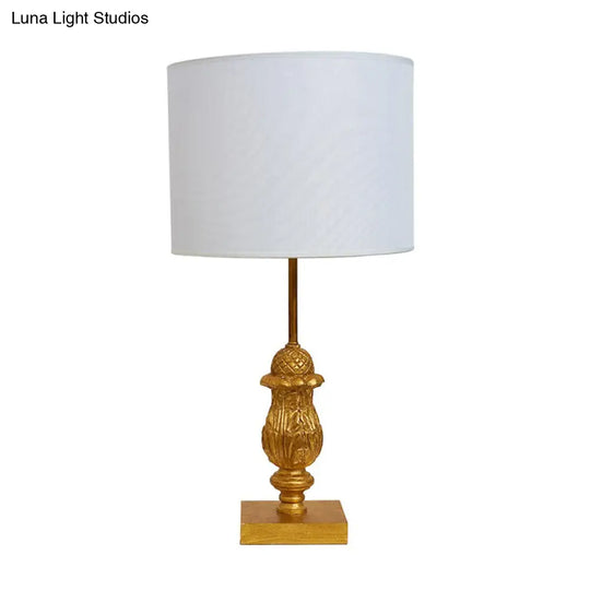 Traditional Style Wooden Desk Lamp With Gold Carvings Fabric Shade - Guest Room Nightstand Light