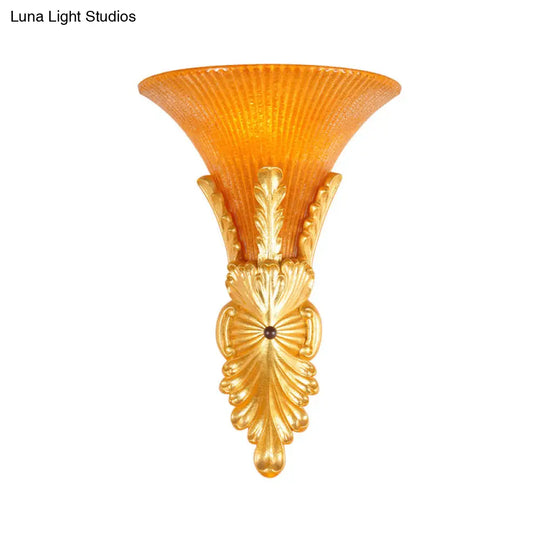 Traditional Style Yellow Glass Bell Wall Mount Sconce - 1 Light Corridor Lighting In Bronze/Gold