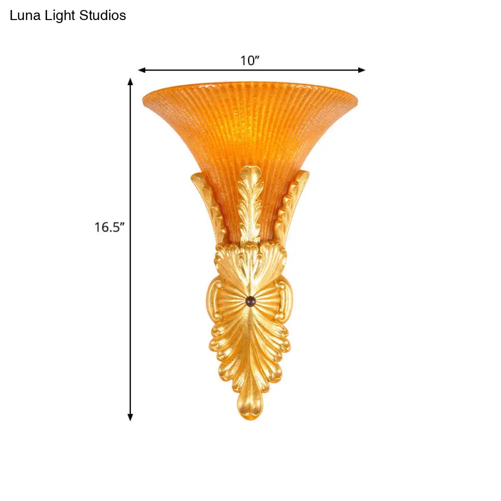 Traditional Style Yellow Glass Bell Wall Mount Sconce - 1 Light Corridor Lighting In Bronze/Gold