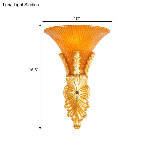 Traditional Style Yellow Glass Bell Wall Mount Sconce - 1 Light Corridor Lighting In Bronze/Gold