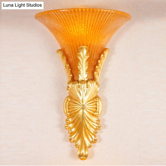 Traditional Style Yellow Glass Bell Wall Mount Sconce - 1 Light Corridor Lighting In Bronze/Gold