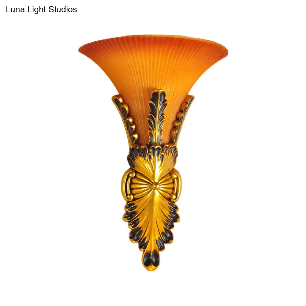 Traditional Style Yellow Glass Bell Wall Mount Sconce - 1 Light Corridor Lighting In Bronze/Gold