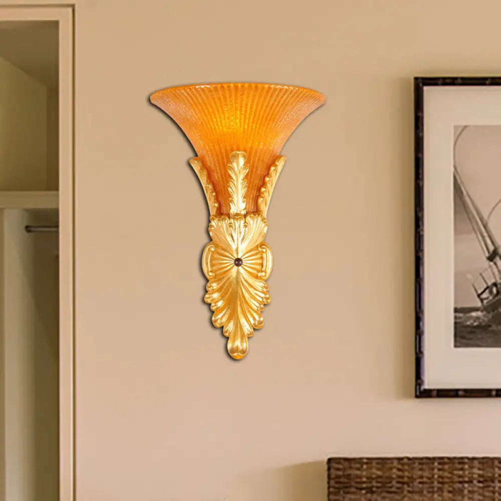 Traditional Style Yellow Glass Bell Wall Mount Sconce - 1 Light Corridor Lighting In Bronze/Gold