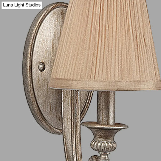 Traditional Tan Fabric Wall Sconce: 1-Head Pleated Shade Light For Living Room