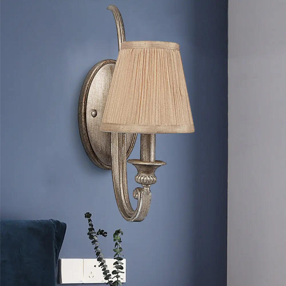 Traditional Tan Fabric Wall Sconce: 1-Head Pleated Shade Light For Living Room