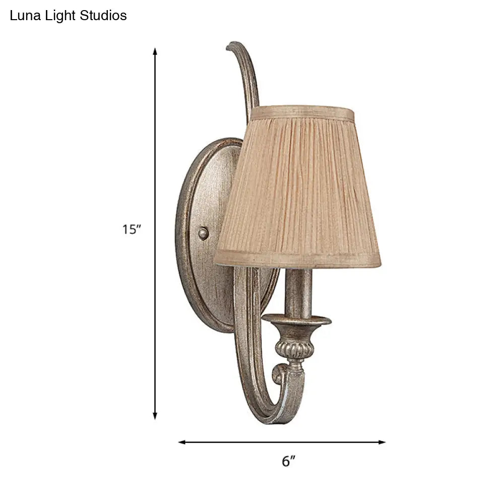 Traditional Tan Fabric Wall Sconce: 1-Head Pleated Shade Light For Living Room