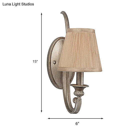 Traditional Tan Fabric Wall Sconce: 1-Head Pleated Shade Light For Living Room