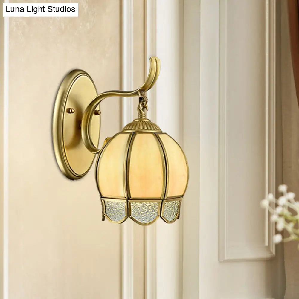 Traditional Tan Glass Brass Finish Sconce Light With Swirl Arm