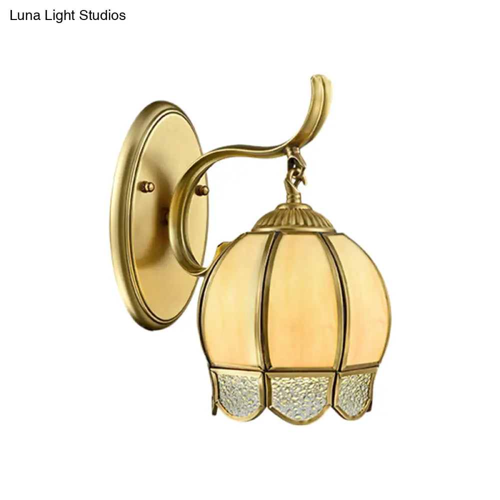 Traditional Tan Glass Brass Finish Sconce Light With Swirl Arm