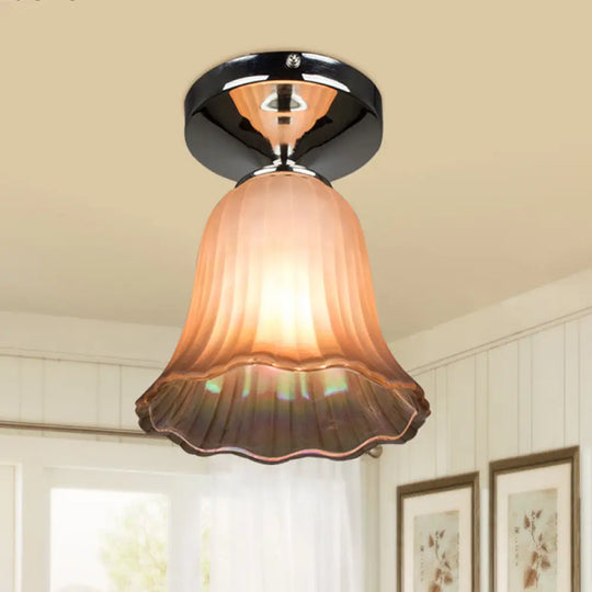 Traditional Tan Glass Flower Flushmount Foyer Lighting Fixture - 1 Bulb Flush Mount