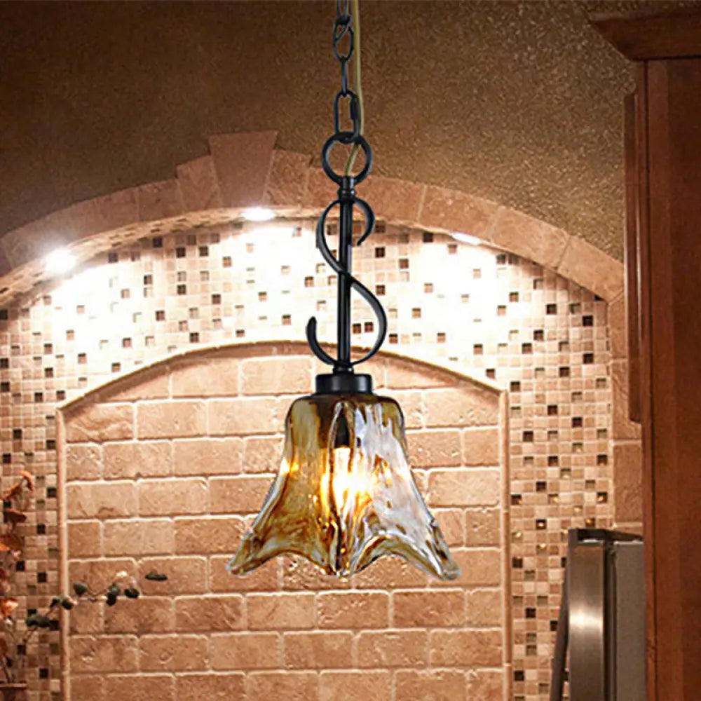 Traditional Tan Textured Glass Hanging Light With Flower Design - Black Pendant Lighting For Dining