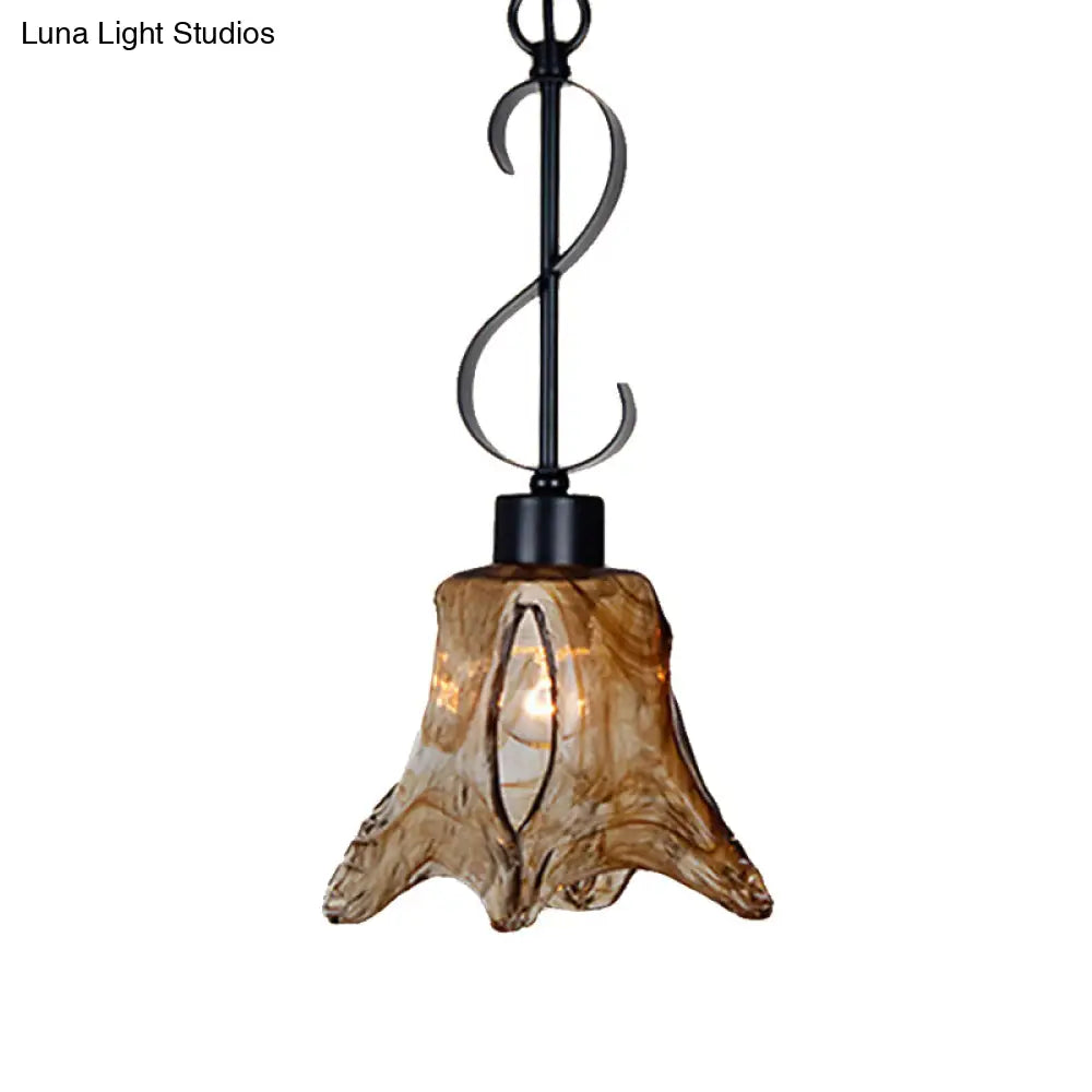 Traditional Tan Textured Glass Hanging Light With Flower Design - Black Pendant Lighting For Dining