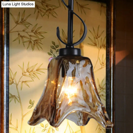 Traditional Tan Textured Glass Hanging Light With Flower Design - Black Pendant Lighting For Dining