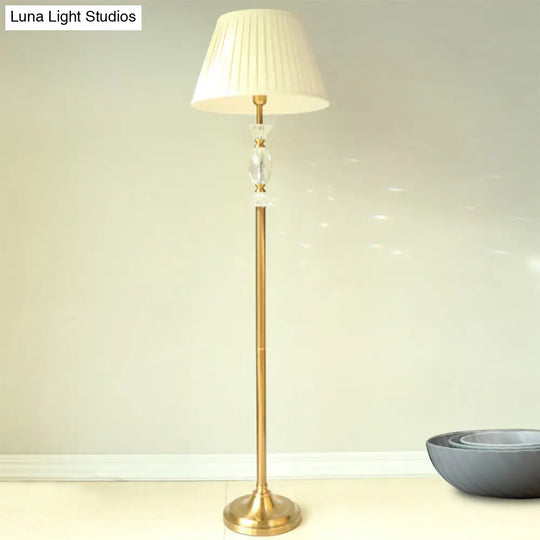 Traditional Tapered Fabric Standing Lamp: White Floor Light With Crystal Accent - Perfect For Living