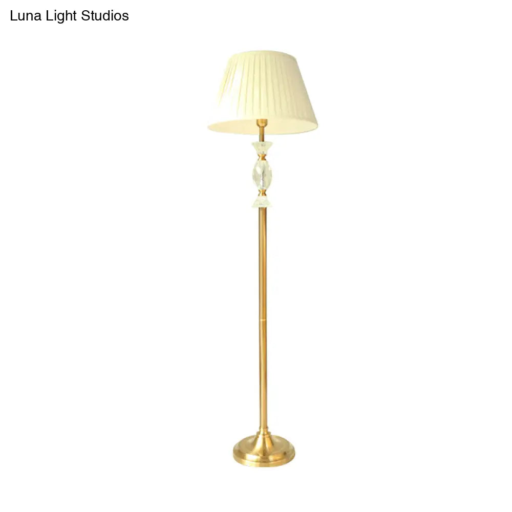 Traditional Tapered Fabric Standing Lamp: White Floor Light With Crystal Accent - Perfect For Living