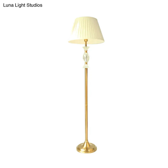 Traditional Tapered Fabric Standing Lamp: White Floor Light With Crystal Accent - Perfect For Living