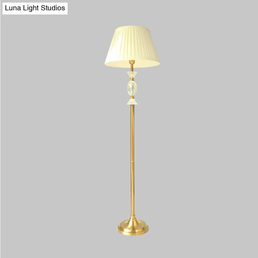 Traditional Tapered Fabric Standing Lamp: White Floor Light With Crystal Accent - Perfect For Living