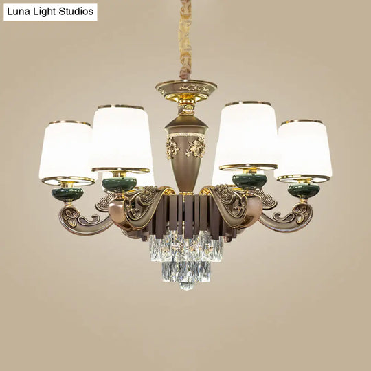 Traditional Tapered Opal Glass Chandelier With 6 Heads - Brown Dining Room Pendant Light Featuring