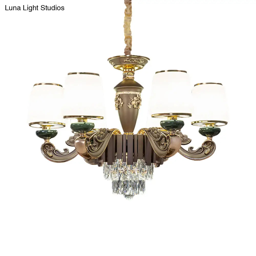 Traditional Tapered Opal Glass Chandelier With 6 Heads - Brown Dining Room Pendant Light Featuring