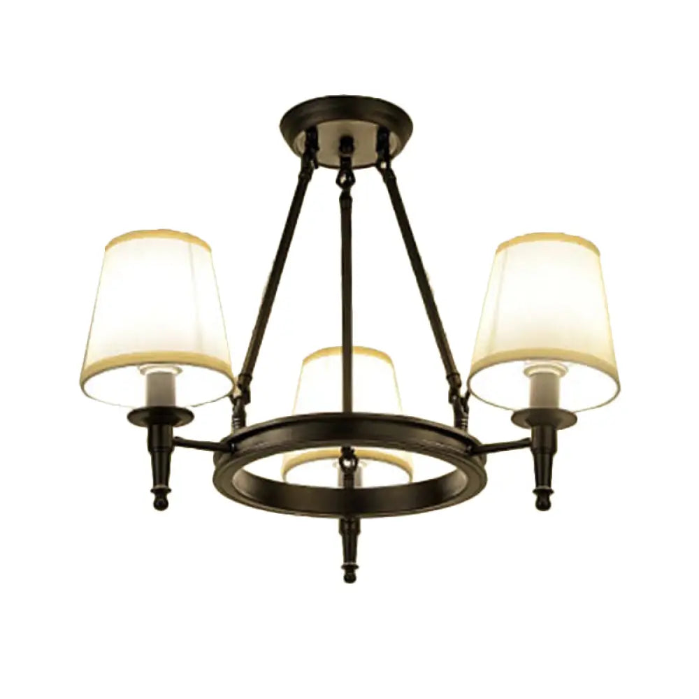 Traditional Tapered Pendant Chandelier - Fabric 3/6/8-Light Black Hanging Fixture With Wagon Wheel