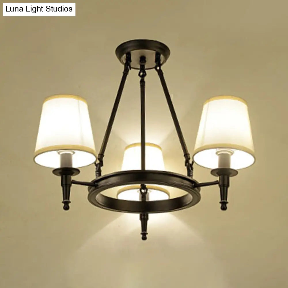 Traditional Tapered Pendant Chandelier - Fabric 3/6/8-Light Black Hanging Fixture With Wagon Wheel