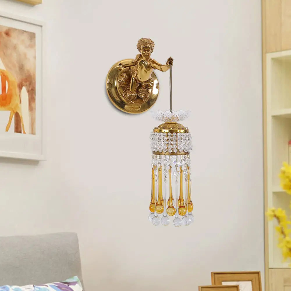 Traditional Teardrop Wall Lamp With Clear And Amber Glass Crystal Design Brass