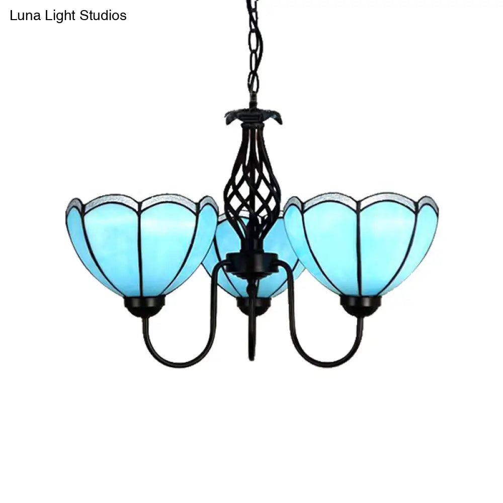 Scalloped Tiffany Blue Glass Pendant Chandelier - 3-Light Traditional Lighting For Living Room