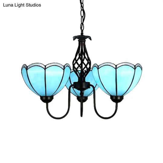 Scalloped Tiffany Blue Glass Pendant Chandelier - 3-Light Traditional Lighting For Living Room