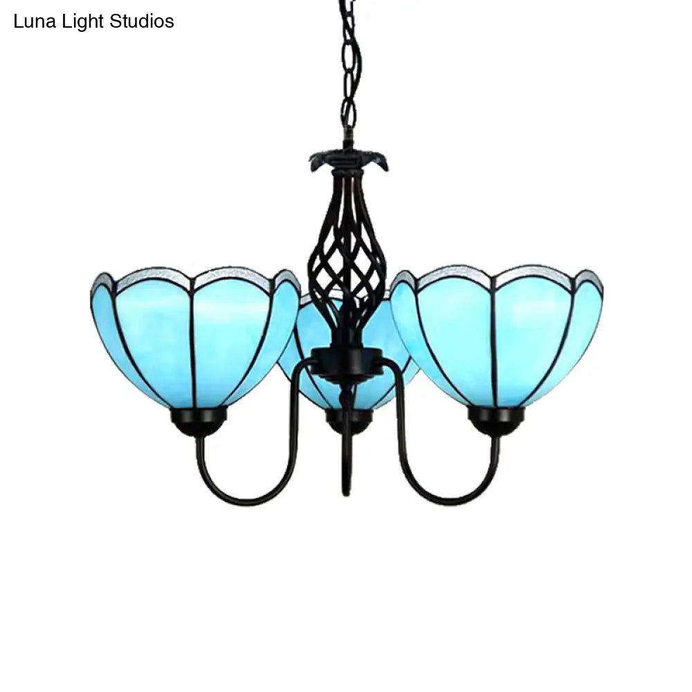 Traditional Tiffany Blue Glass Pendant Chandelier - 3-Light Scalloped Design For Living Room