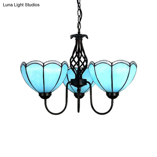 Traditional Tiffany Blue Glass Pendant Chandelier - 3-Light Scalloped Design For Living Room