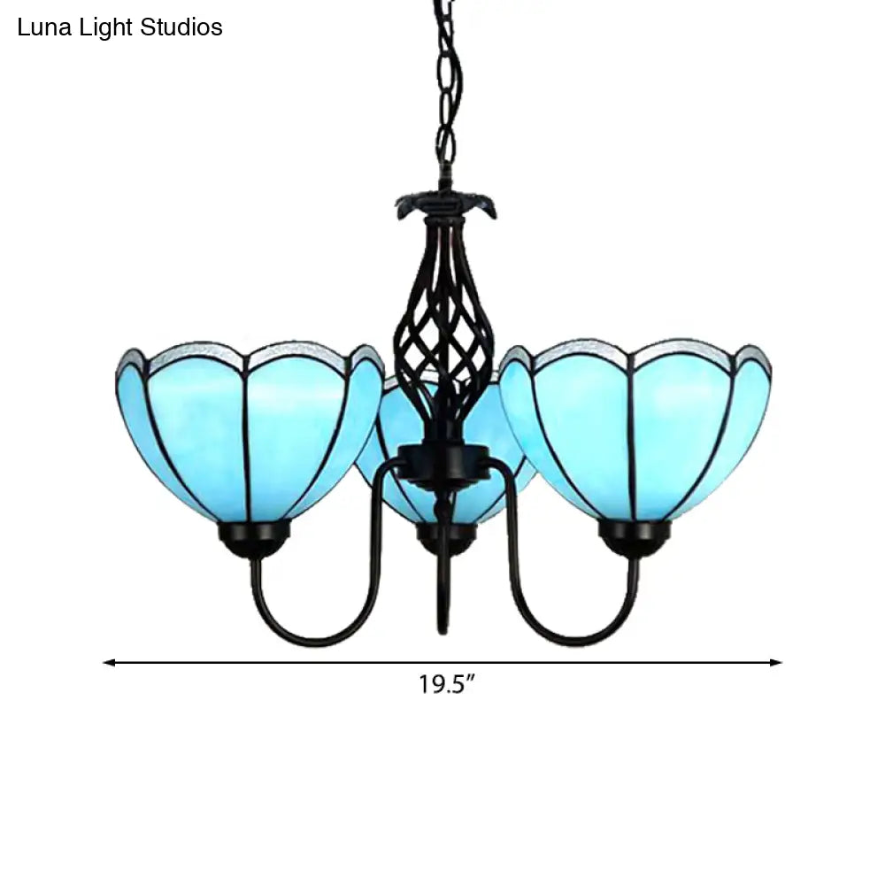 Traditional Tiffany Blue Glass Pendant Chandelier - 3-Light Scalloped Design For Living Room