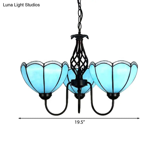 Traditional Tiffany Blue Glass Pendant Chandelier - 3-Light Scalloped Design For Living Room