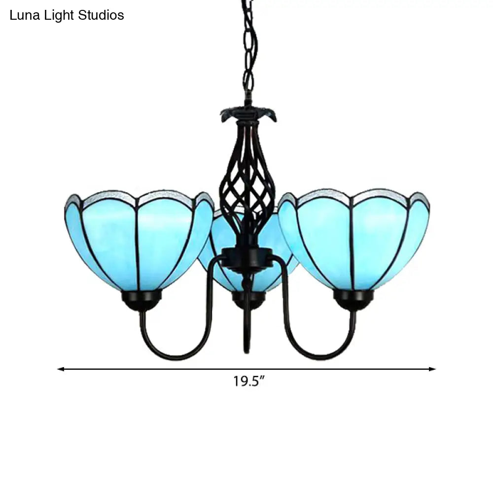 Scalloped Tiffany Blue Glass Pendant Chandelier - 3-Light Traditional Lighting For Living Room