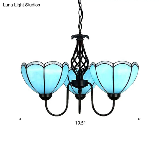 Scalloped Tiffany Blue Glass Pendant Chandelier - 3-Light Traditional Lighting For Living Room