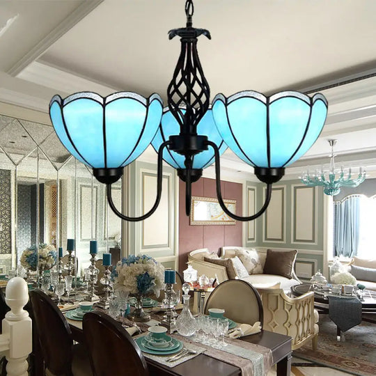 Traditional Tiffany Blue Glass Pendant Chandelier - 3-Light Scalloped Design For Living Room