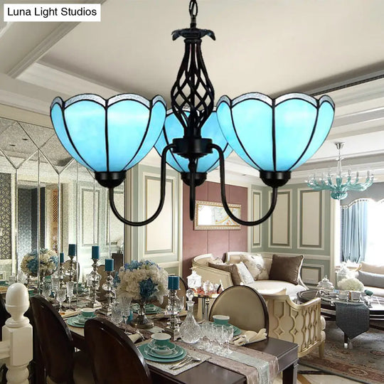 Scalloped Tiffany Blue Glass Pendant Chandelier - 3-Light Traditional Lighting For Living Room