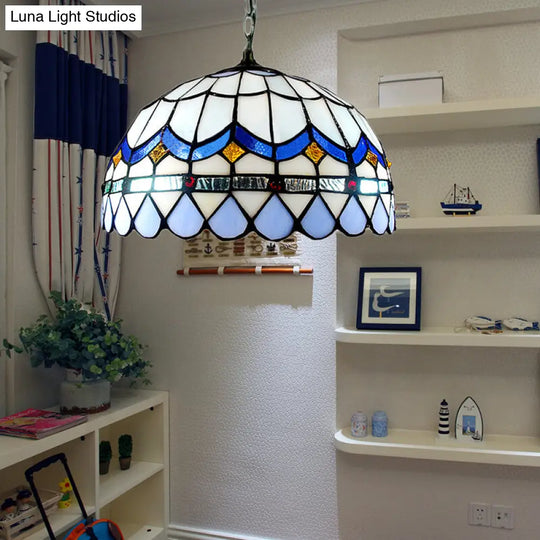 Blue Stained Glass Tiffany Hanging Light With Domed Shade - Traditional Living Room Suspension