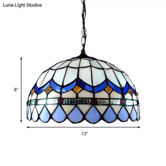 Blue Stained Glass Tiffany Hanging Light With Domed Shade - Traditional Living Room Suspension