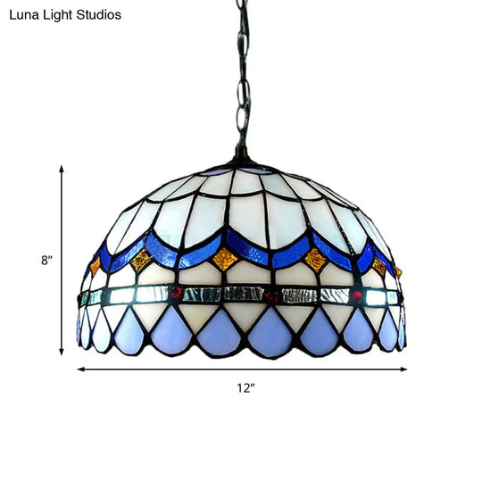 Traditional Tiffany Blue Stained Glass Living Room Suspension Light With Domed Shade