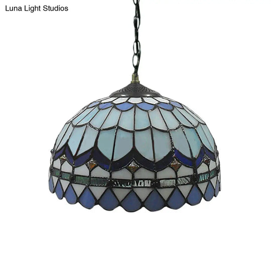 Blue Stained Glass Tiffany Hanging Light With Domed Shade - Traditional Living Room Suspension