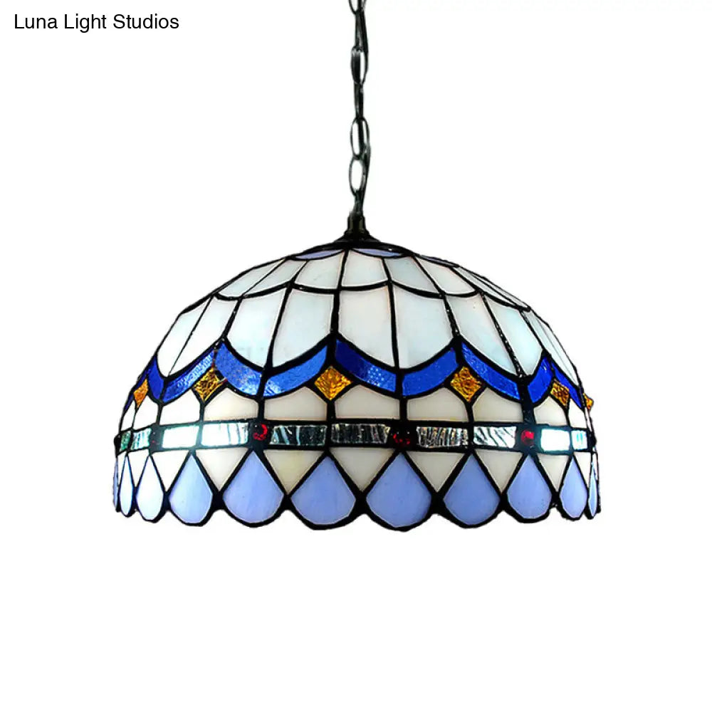 Blue Stained Glass Tiffany Hanging Light With Domed Shade - Traditional Living Room Suspension