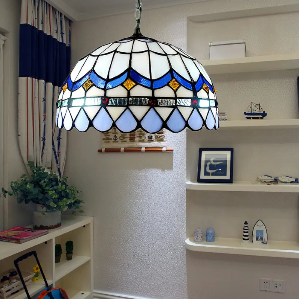 Traditional Tiffany Blue Stained Glass Living Room Suspension Light With Domed Shade