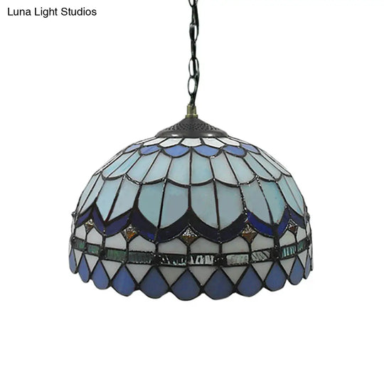 Traditional Tiffany Blue Stained Glass Living Room Suspension Light With Domed Shade