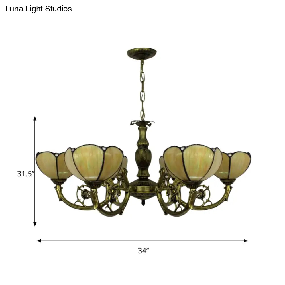 Traditional Tiffany Dome Hanging Light Chandelier In Yellow - 6/3 Bulbs For Bedroom