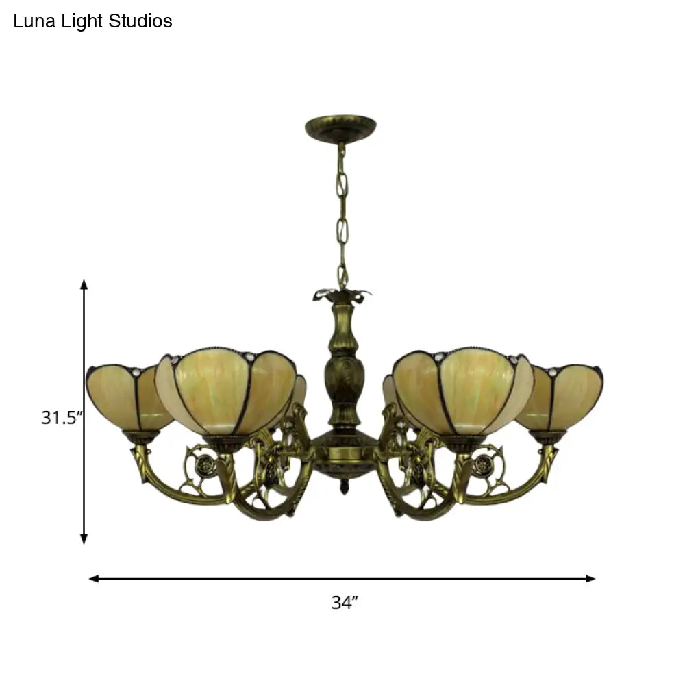 Traditional Tiffany Dome Hanging Light Chandelier In Yellow - 6/3 Bulbs Bedroom Décor