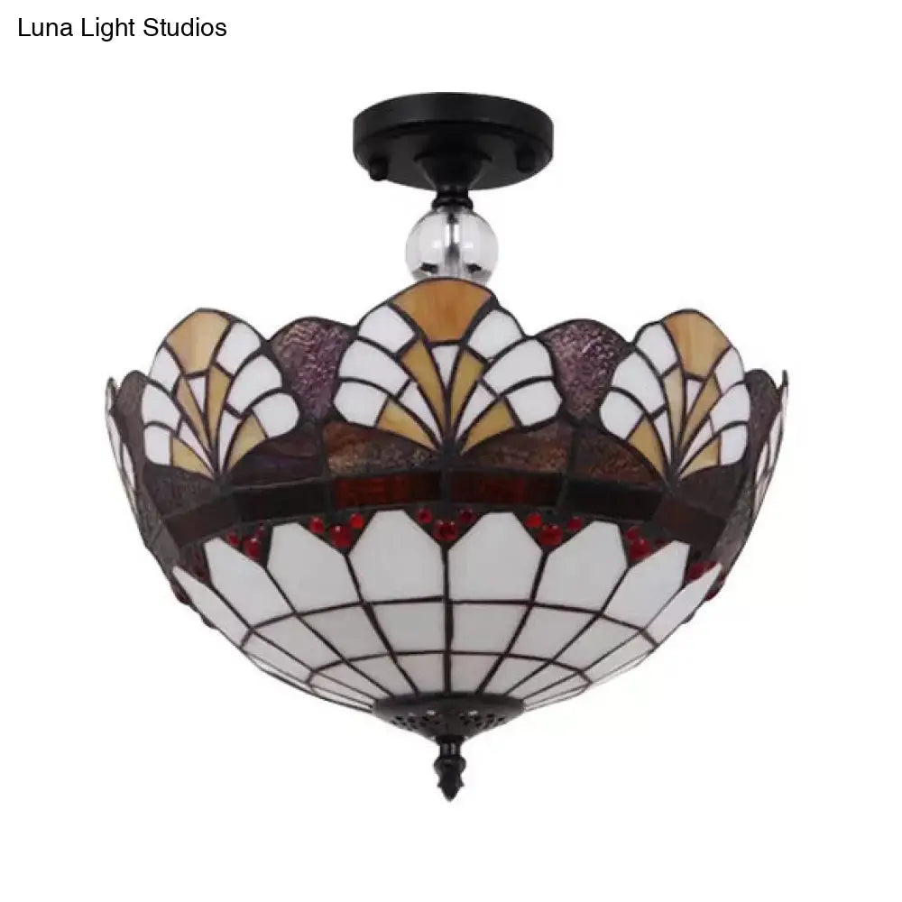 Traditional Tiffany Stained Glass Ceiling Lamp - Scalloped Semi Flush 12’ Or 16’ Bronze Finish