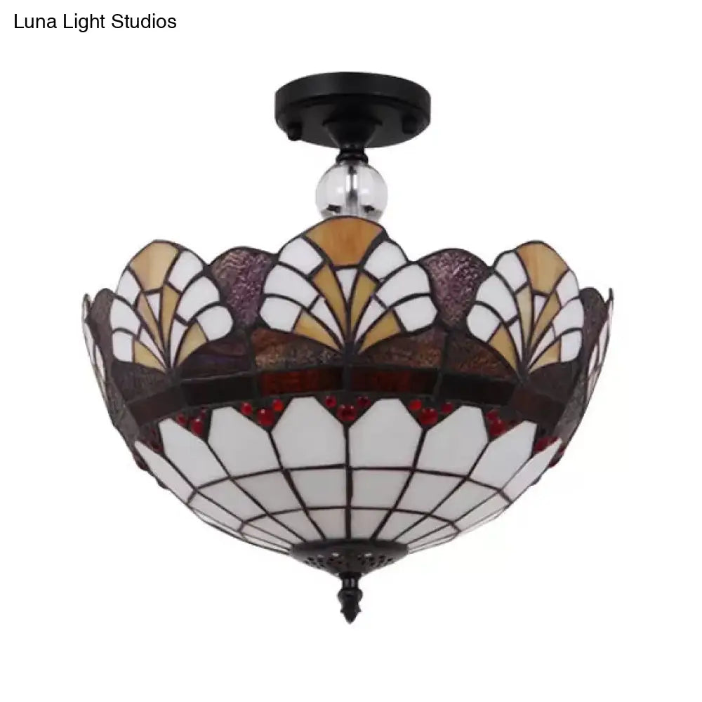 Traditional Tiffany Stained Glass Ceiling Lamp - Scalloped Semi Flush 12 Or 16 Bronze Finish With